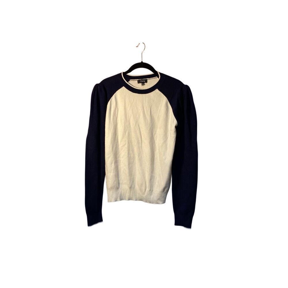 Fate women’s cream and blue puff sleeve, long sleeve, sweater, size small